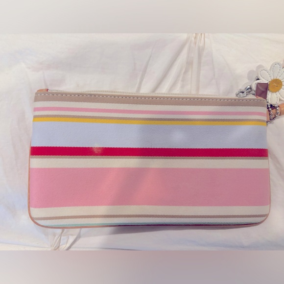 Coach Like New Multi Stripe Canvas Wristlet with Daisy Patch and Red lining - Picture 2 of 4
